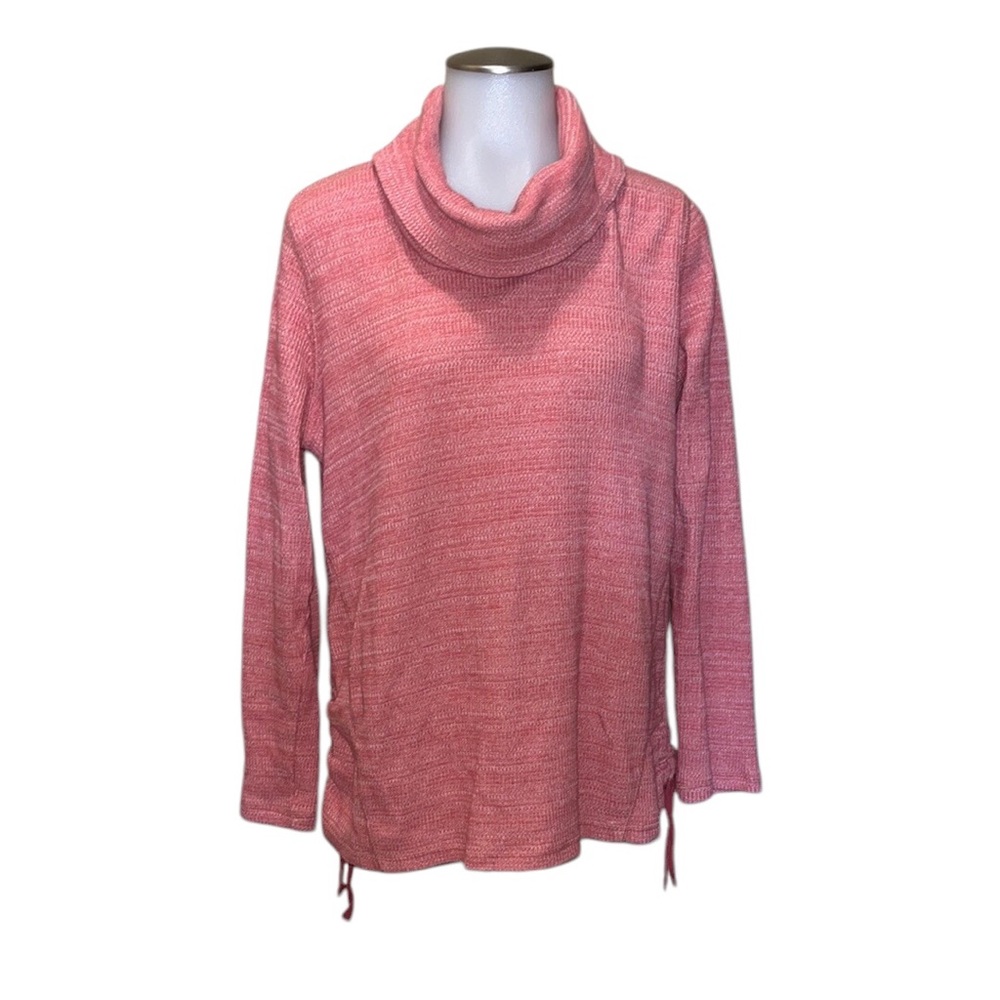 J. JILL Waffle Knit~Ruched Sides Cowl Neck Long Sleeve Top~Light Coral~Sz M